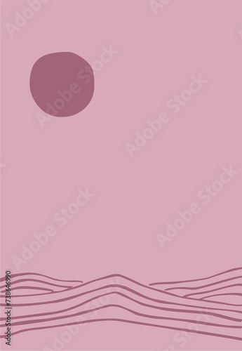 Card (abstract poster) of flat geometric silhouettes on a deep pastel background. Digital illustration is suitable for interior printing, branding, social networks, wedding design.
