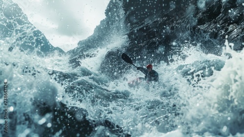A person in a kayak skillfully paddling through a wave. Perfect for adventure sports and outdoor enthusiasts photo