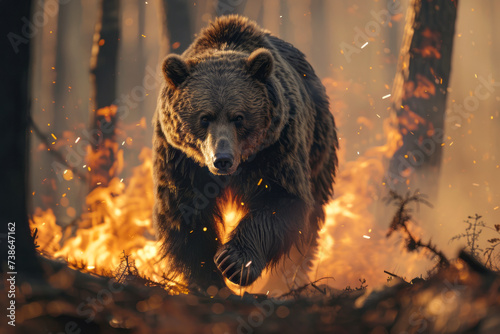 Bear running away from fire, forest fire. Fire hazard for animals in the forest 