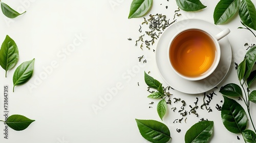Tea with leafy green and leafy syrup over a white setting and big copy space, Generative AI.