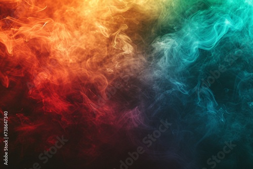 Multicolored smoke abstract on dark black backdrop.
