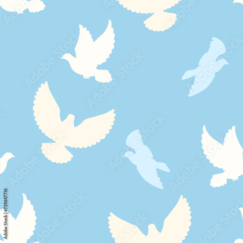 Flying doves seamless pattern. Vector background with white silhouettes of pigeons on blue.