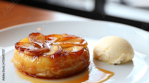 French tarte Tatin upside-down caramelized apple tart served with cr??me fra?(R)che or vanilla ice cream