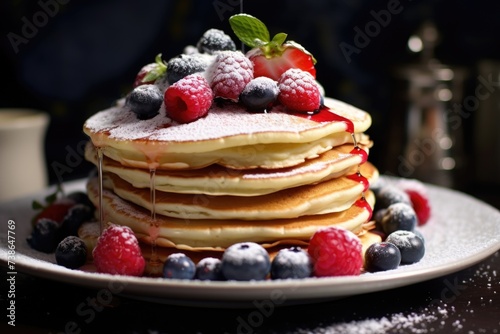 Mouth-watering stack of pancakes topped with fresh berries and a dusting of powdered sugar. Perfect for food and breakfast concepts