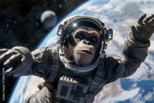 Chimpanzee dressed in an astronaut suit levitating in open space against the background of planet Earth, close-up view with space for text or inscriptions. Chimpanzee in space 