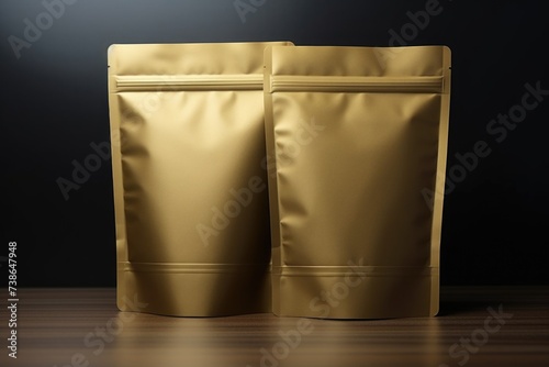 Two shiny gold foil bags on a rustic wooden table. Perfect for product packaging or luxury branding concepts