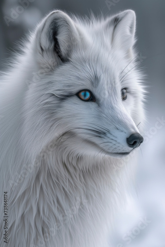 A majestic white fox  with piercing blue eyes  stands proudly in the snow-covered wilderness  its thick fur glistening under the winter sun