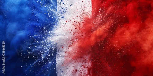 Vibrant French flag bursting with blue, white, and red holi powder on a white background, representing the celebration of France, European culture, and travel. photo