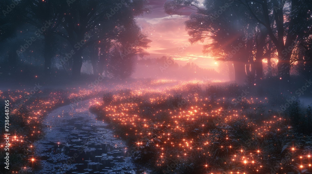 Fairy swarms in twilight glens leading travelers astray with their lights