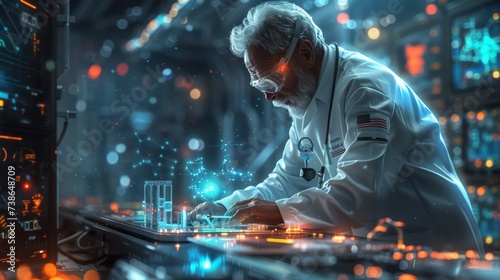 Extraterrestrial scientist in a high tech lab cosmic experiments