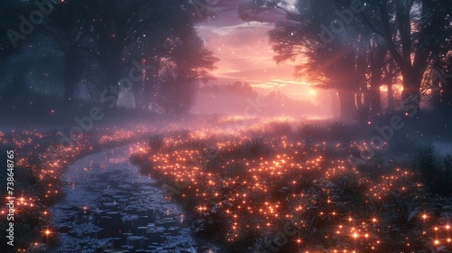 Fairy swarms in twilight glens leading travelers astray with their lights photo