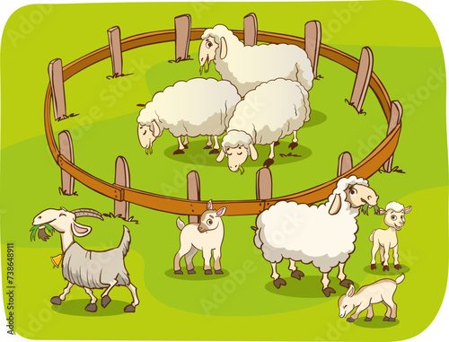A herd of sheep graze on a green meadow near the fence.