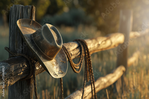 Beautiful cowboy background of a wooden picket fence or fence with a cowboy hat and rope on a bollard and sunlight in the background with space for text
 photo