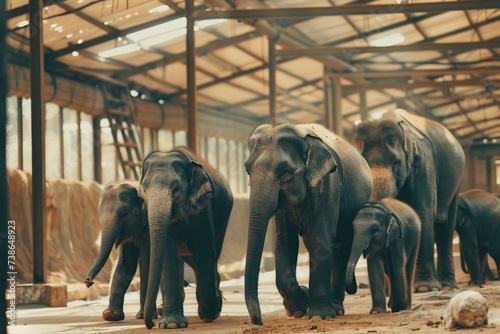A herd of elephants walking through a building. Suitable for animal conservation campaigns