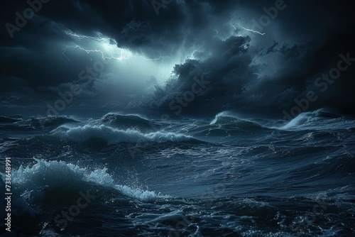 Dark ocean storm at night with lighting and waves. Generative AI  © Picture Pro Fusion