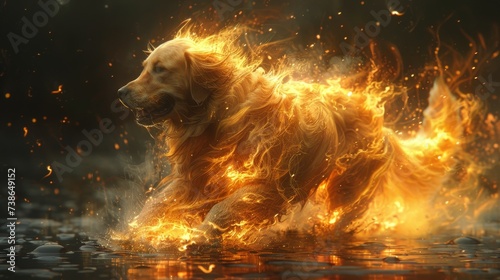 Golden retriever with a fiery mane fetching souls instead of balls photo