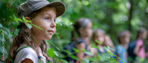 Curious girl leading a group of children on a nature walk through a forest. Outdoor learning and exploration concept. Design for educational materials, environmental programs