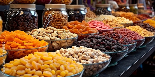 Snacks, dried fruits, and candies sold at a food market, Generative AI  photo