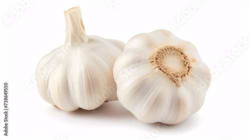 Pair of two complete natural ivory garlic allium sativum separated on blank surface.