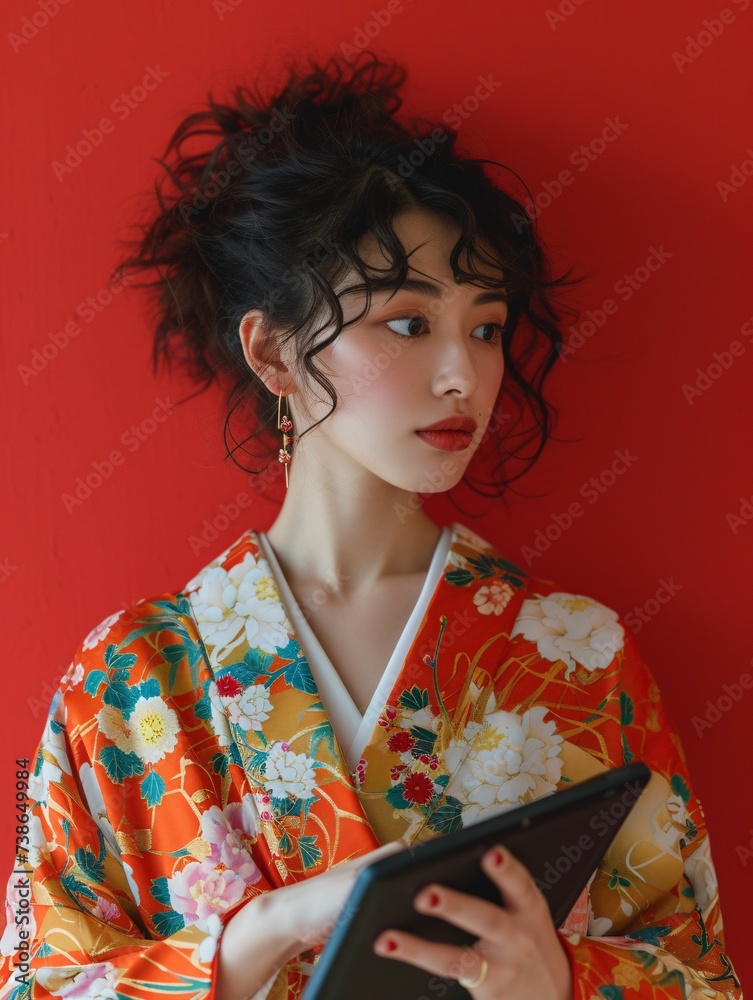 Asian female using tablet device on solid color background. Asian female using tablet device on solid color background.