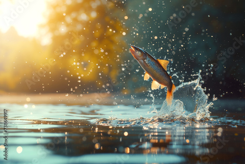 A fish from the salmon family jumping out of the water on a beautiful background of sunlight and sunset, fishing motif with space for text or inscriptions
 photo