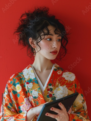 Asian female using tablet device on solid color background.