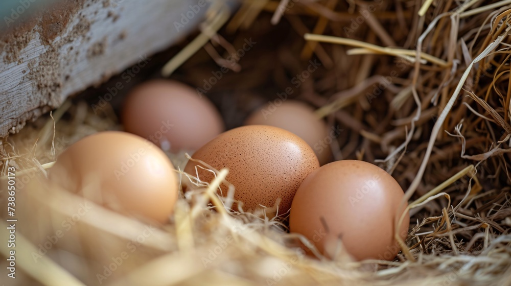 Close-up of tan eggs in straw nest on poultry farm. Close-up of tan eggs in straw nest on poultry farm.