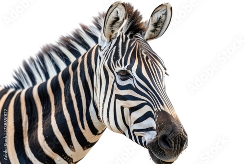 Close-up photo of a zebra with a white background. Perfect for animal lovers and wildlife enthusiasts. Can be used in educational materials  websites  and advertisements