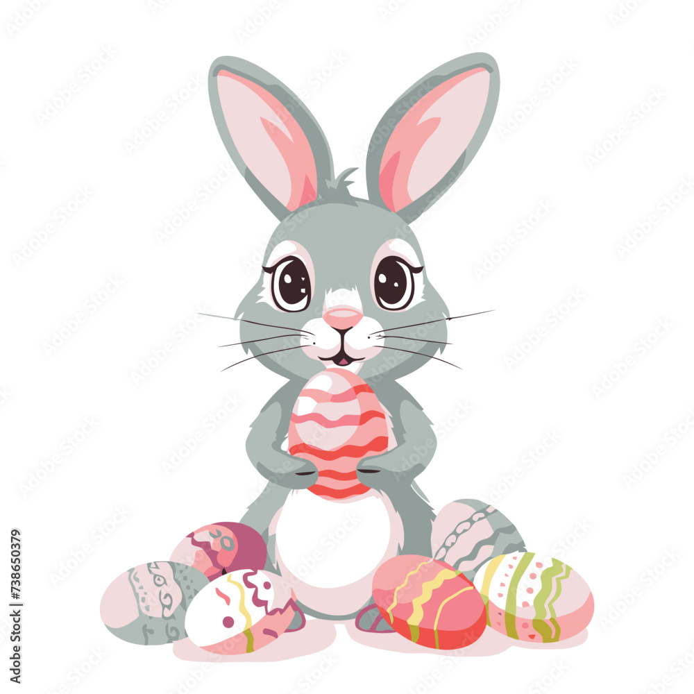 Obraz premium Vector cute cartoon rabbit with easter eggs