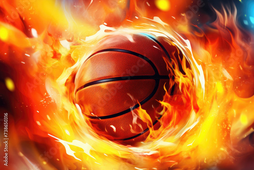 Basketball ball in mid-air with fire coming out of it. Suitable for sports and action-themed designs