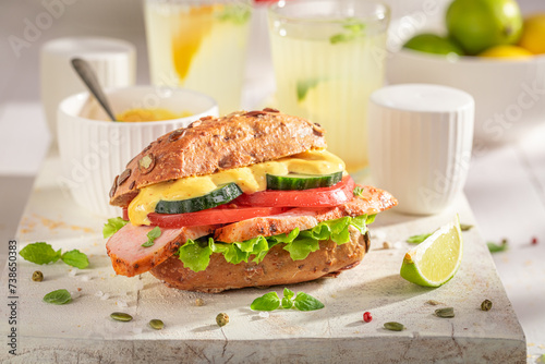 Healthy sandwich with curry chicken  cheese and chive.