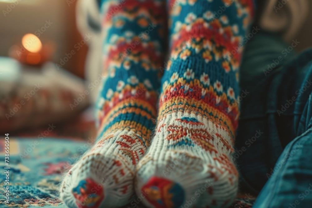 A detailed view of a person's feet wearing cozy socks. This image can be used to showcase comfort, relaxation, or the feeling of being at home A detailed view of a person's feet wearing cozy socks. This image can be used to showcase comfort, relaxation, or the feeling of being at home