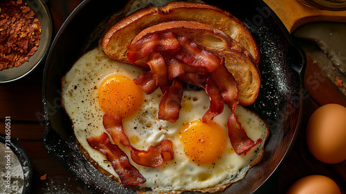 Classic breakfast with toast, fried egg and bacon.