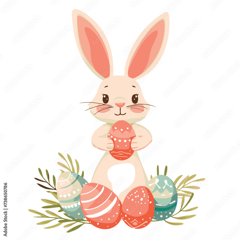 Obraz premium Vector cute cartoon rabbit with easter eggs