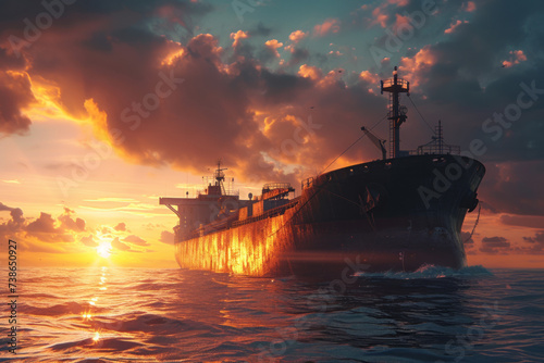 Oil tanker or oil tanker sailing on the sea or ocean with a beautiful sunset in the background, front side view with space for text or inscriptions 