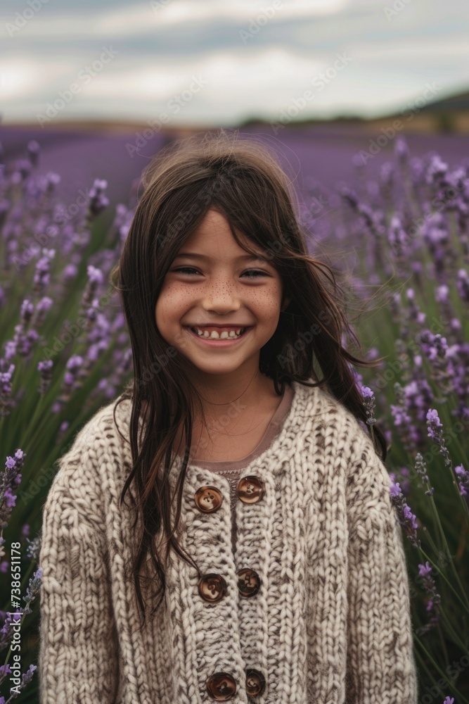 A young girl standing amidst a beautiful field of vibrant purple flowers. Perfect for nature enthusiasts or as a symbol of innocence and beauty A young girl standing amidst a beautiful field of vibrant purple flowers. Perfect for nature enthusiasts or as a symbol of innocence and beauty
