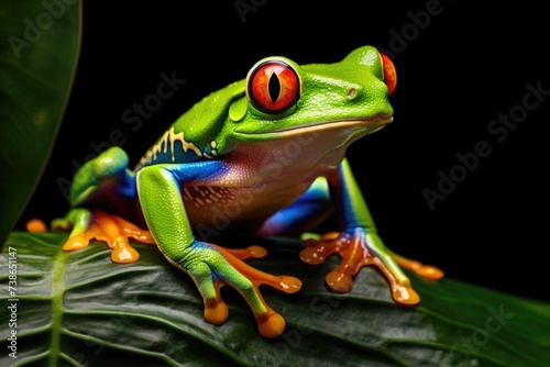 A red eyed frog sitting on top of a leaf. This image can be used to depict nature, wildlife, or amphibians in various projects