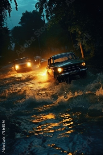 A nighttime scene of cars driving through a flooded street. Suitable for illustrating extreme weather conditions