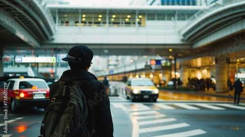 Traveler is awaiting a cab at Tokyo airport in Japan. © ckybe