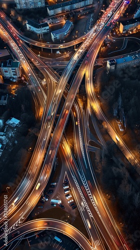 Top down view of motorway with many lanes and cars at rush hour. © Barosanu