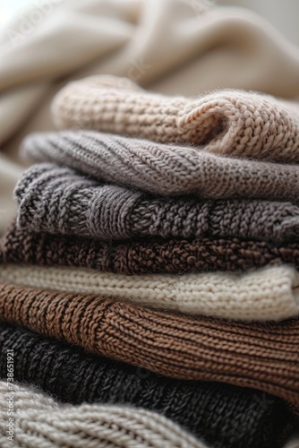 Cozy knitted sweaters in warm neutral tones, suitable for fashion retail. 