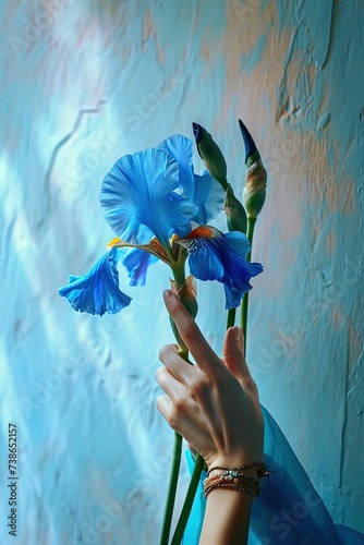 Hand holding a delicate blue iris, expressive of nature's beauty.