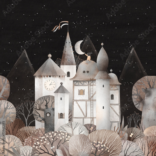 Cute castle at night. A fairytale city among the night forest. Fairytale landscape. Watercolor illustration. Dark background. Castle in the forest.