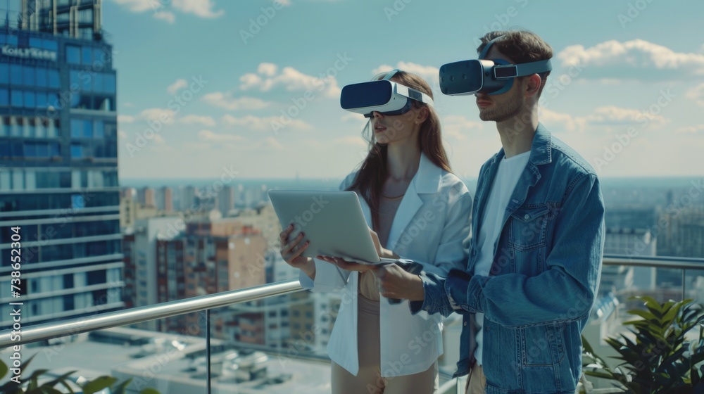 Obraz premium A man and a woman immersed in virtual reality. Perfect for technology concept