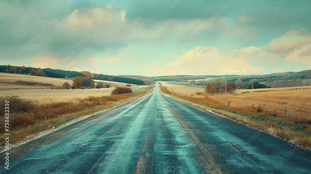 Watercolor illustration of a straight road in the countryside