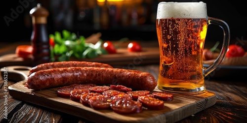 Refreshing beer and spicy sausage on a cutting board in a bar with dim lighting, Generative AI 