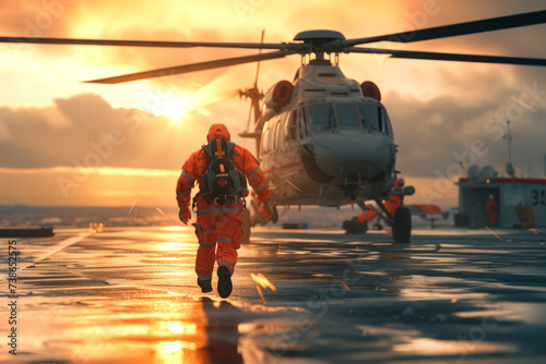 A paramedic running to a rescue helicopter against the background of the setting sun
 photo