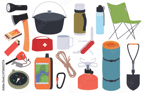 Equipment for hiking. A set of backpack contents for hiking trips. Survival in the wild. Vector illustration