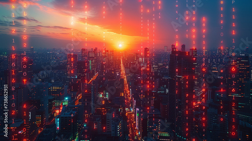 Futuristic cityscape at dusk  illuminated by neon AI algorithms  symbolizing the integration of technology and urban life.