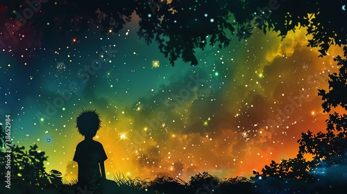 Silhouette of a boy looking at the rainbow-colored starry sky